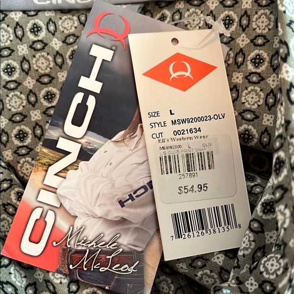 NWT Cinch Womens Olive Green Black and White Patterned Shirt Size L - Picture 4 of 9